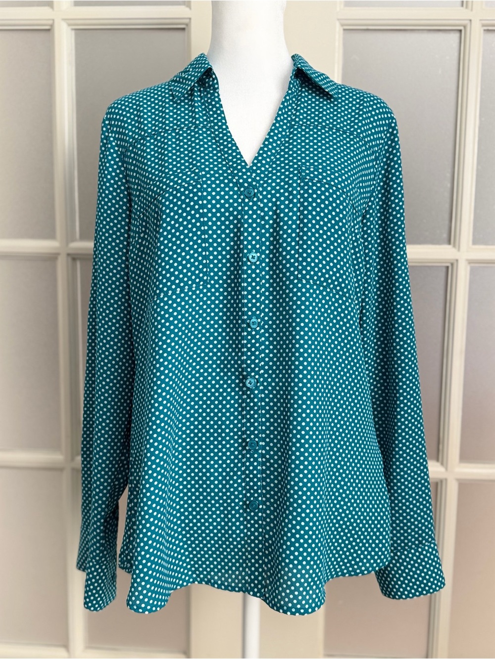 Express Polka Dot Button-Up Blouse - Women